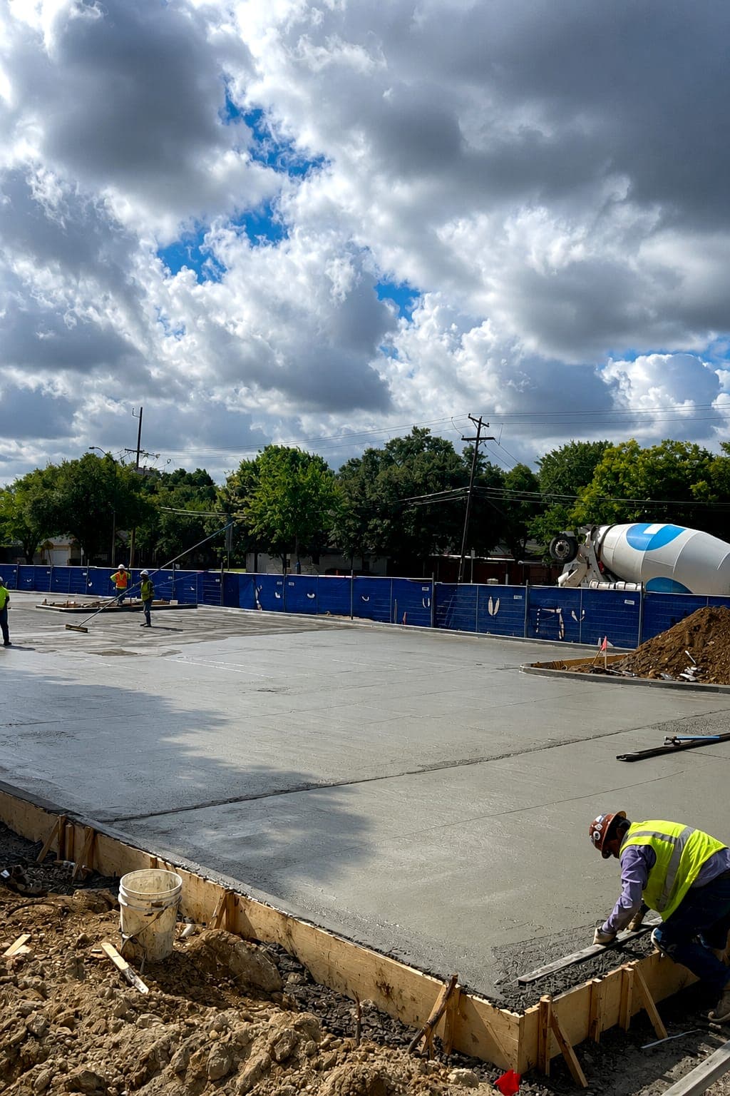Crew finishing the edge of a freshly placed concrete slab